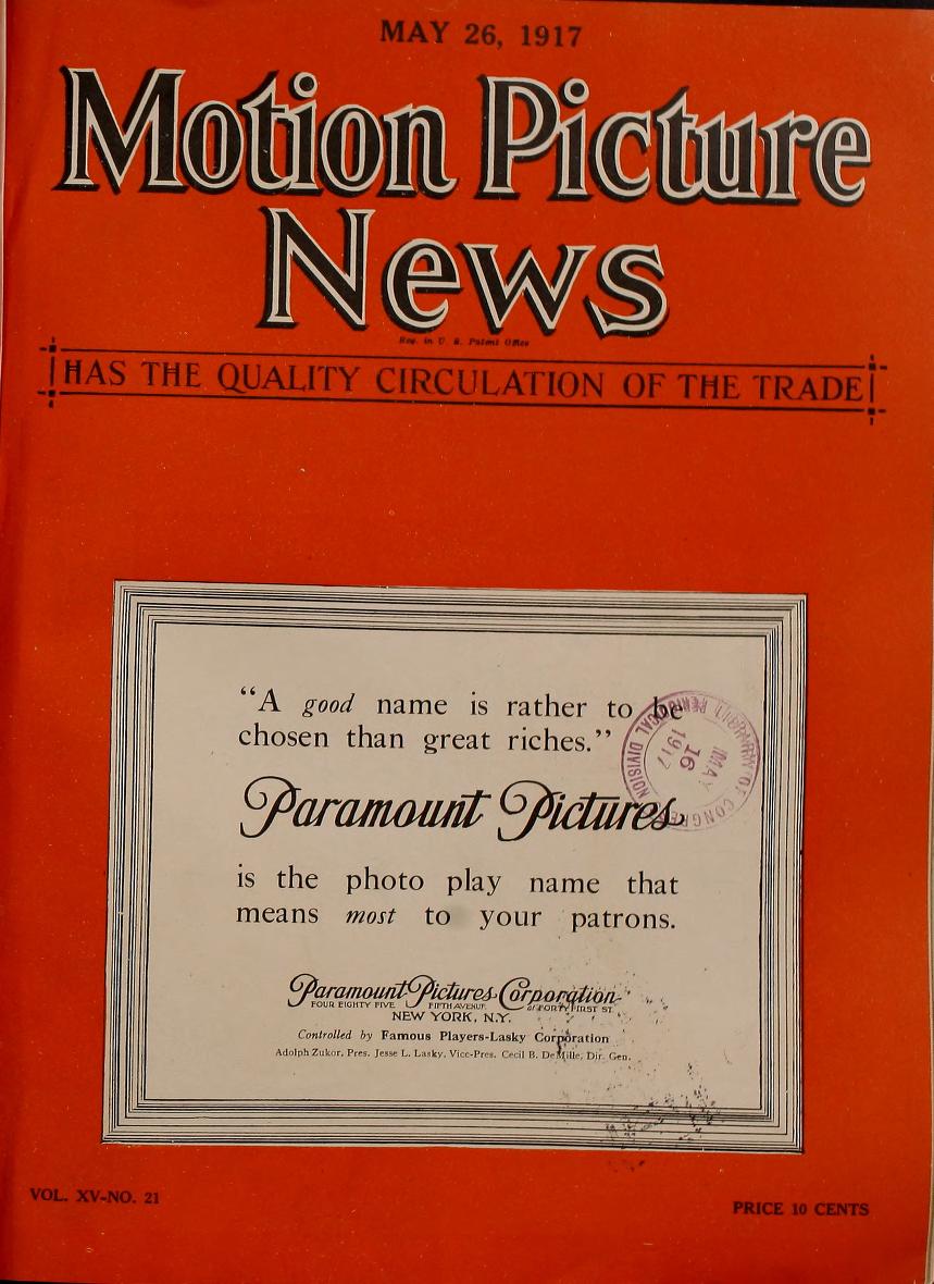 MOTION PICTURE NEWS magazine side cover 26 May 1917
