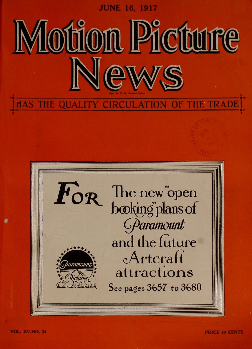 MOTION PICTURE NEWS magazine side cover 16 June 1917