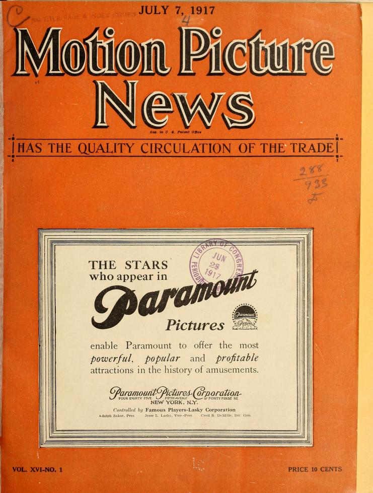 MOTION PICTURE NEWS magazine side cover 7 July 1917