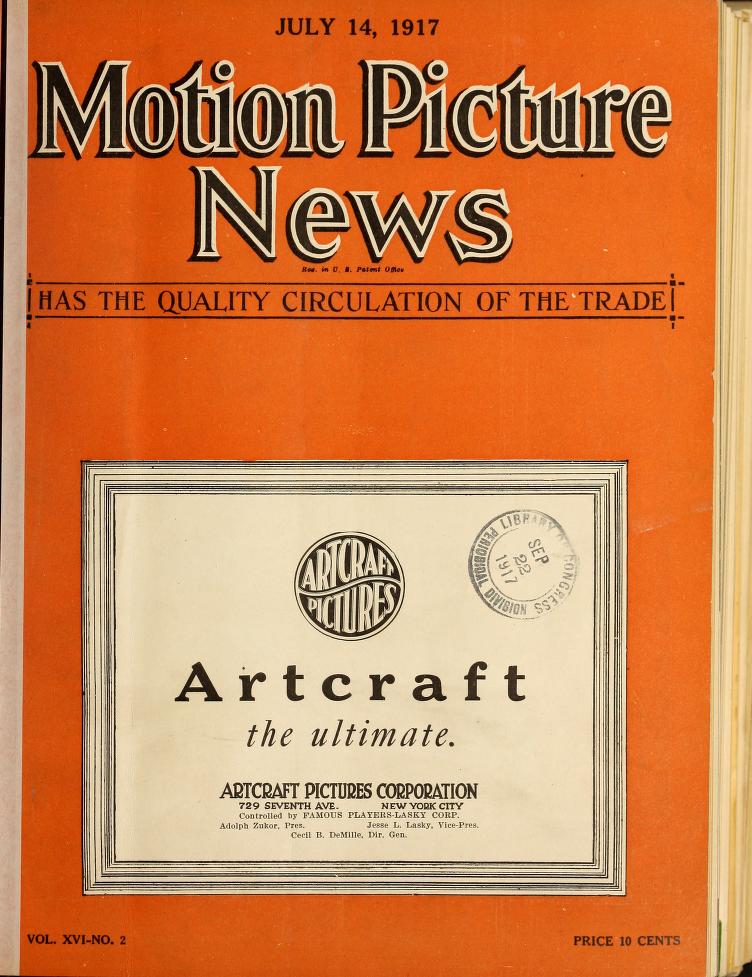 MOTION PICTURE NEWS magazine side cover 14 July 1917