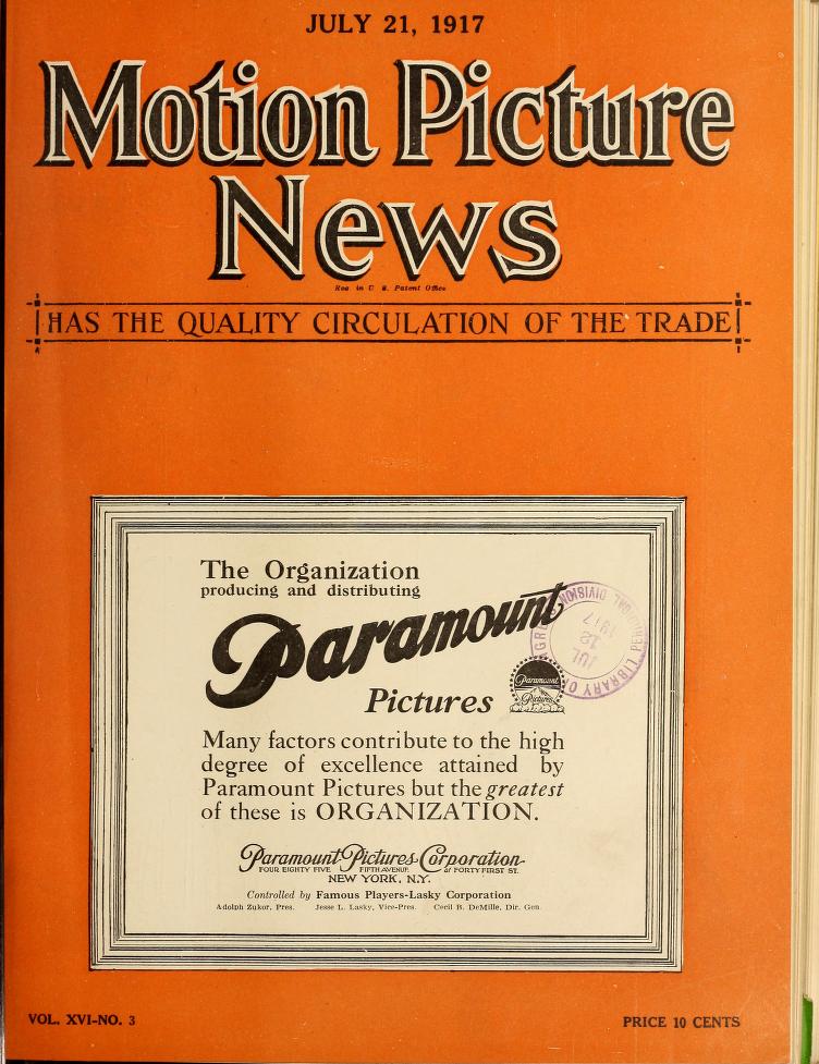 MOTION PICTURE NEWS magazine side cover 21 July 1917