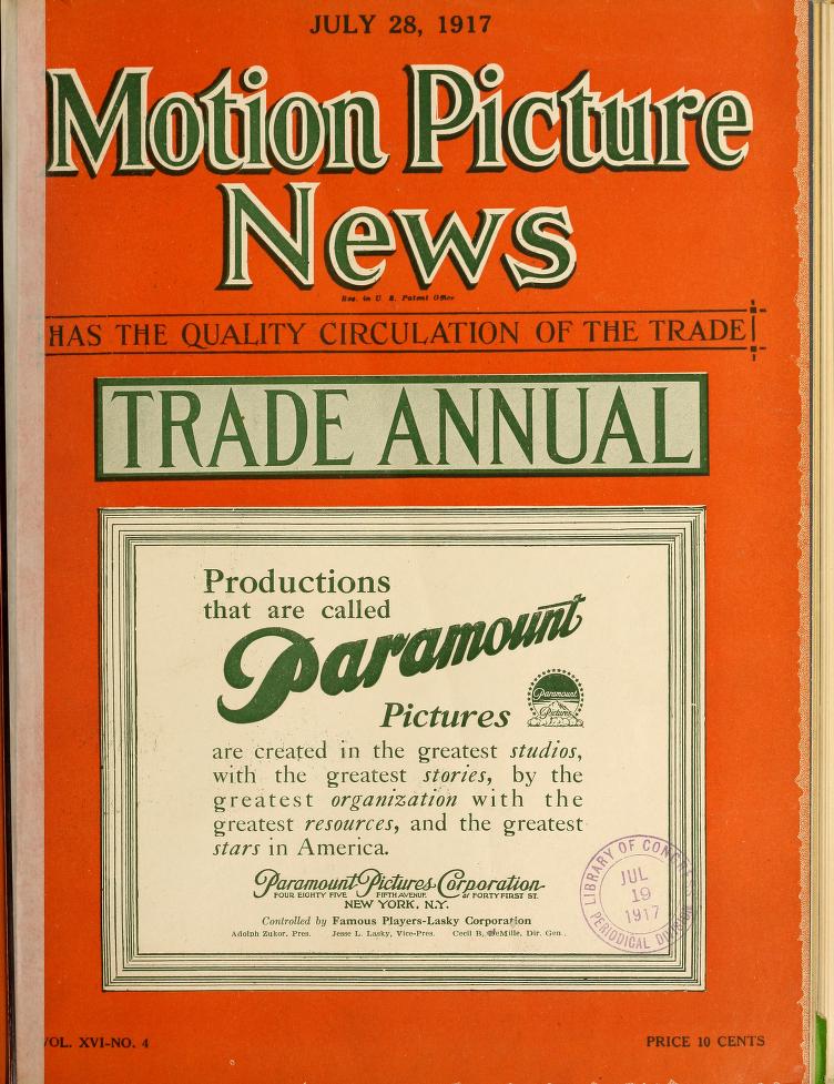 MOTION PICTURE NEWS magazine side cover 28 July 1917