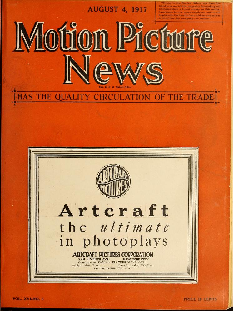 MOTION PICTURE NEWS magazine side cover 4 August 1917