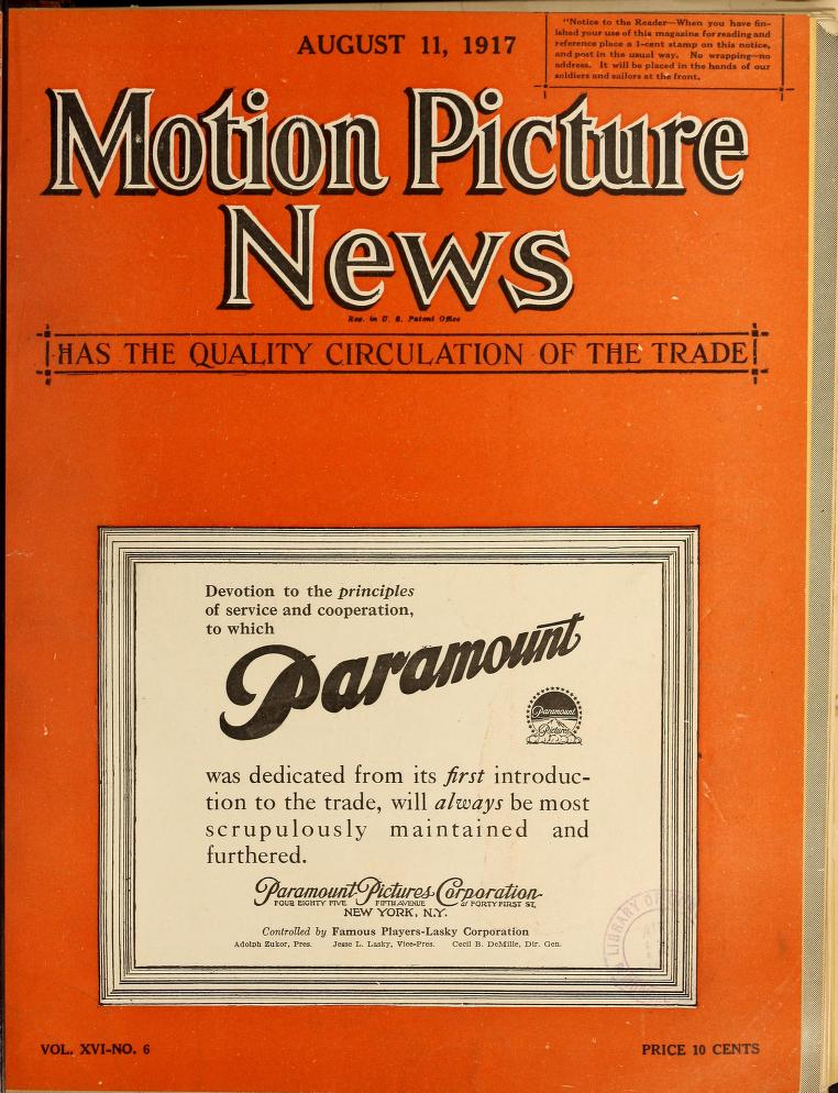 MOTION PICTURE NEWS magazine side cover 11 August 1917