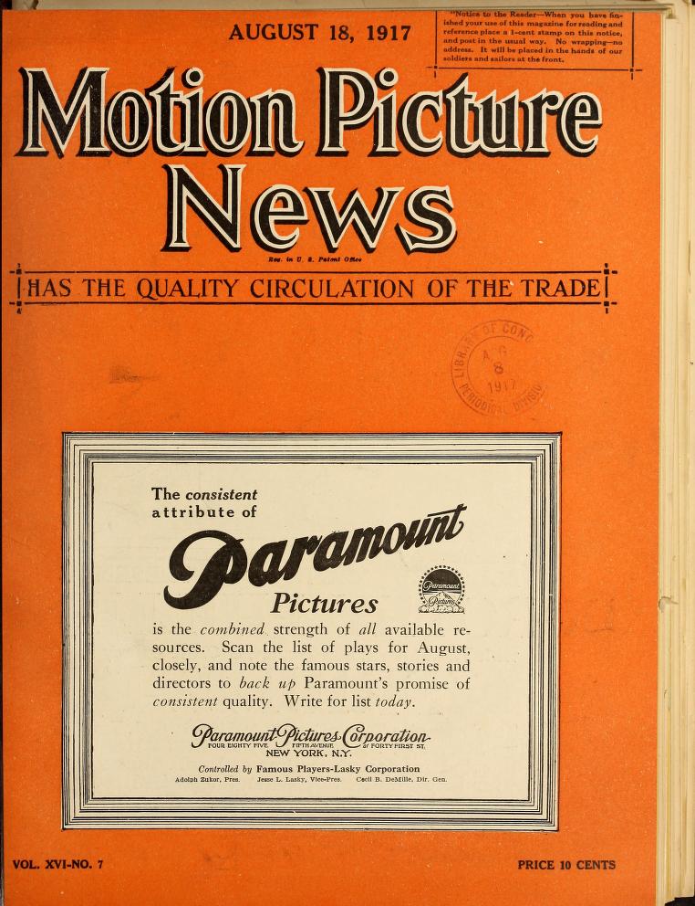 MOTION PICTURE NEWS magazine side cover 18 August 1917