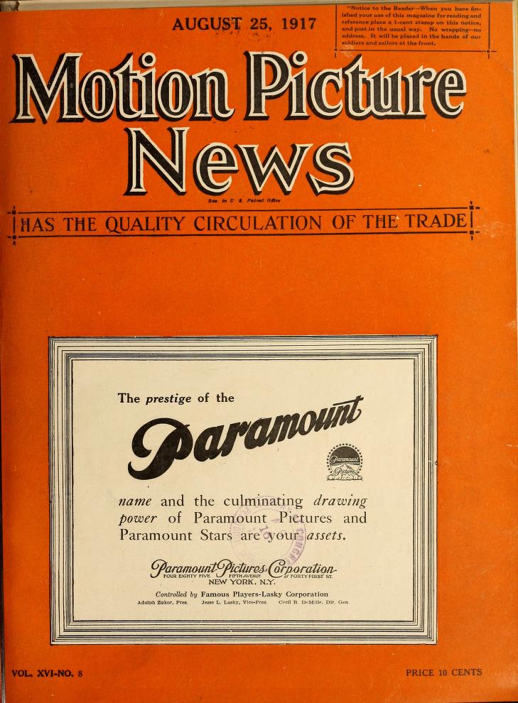 MOTION PICTURE NEWS magazine side cover 25 August 1917
