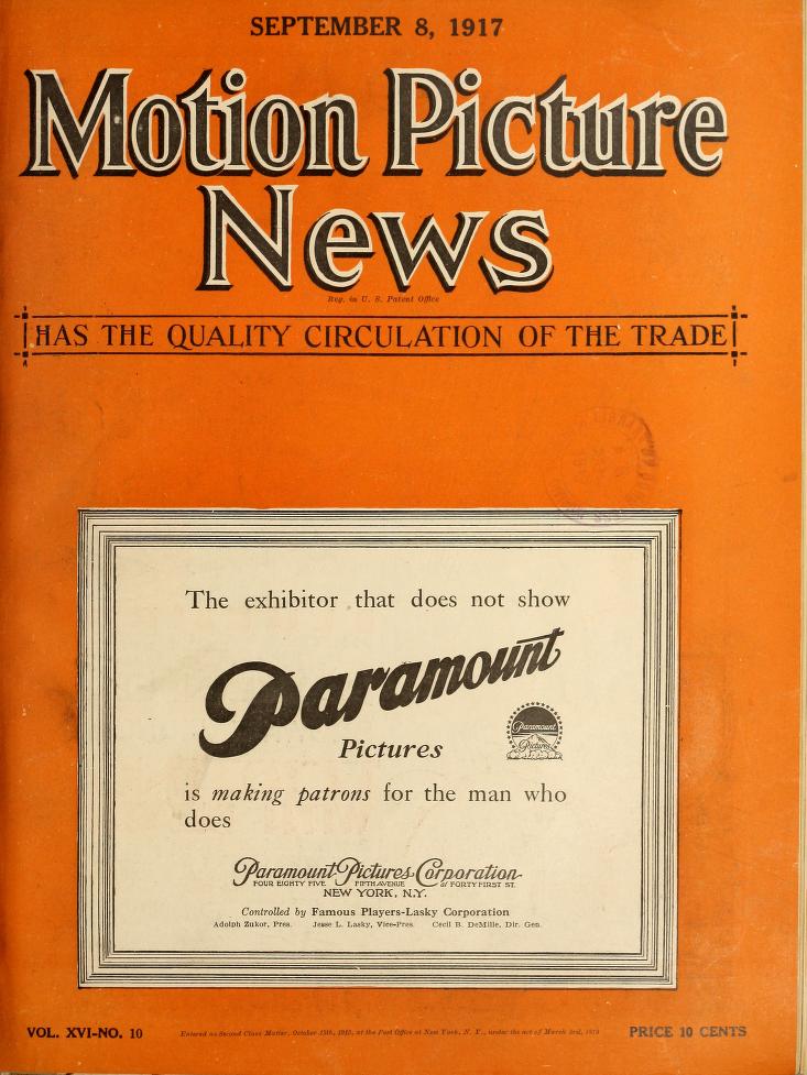 MOTION PICTURE NEWS magazine side cover 8 September 1917