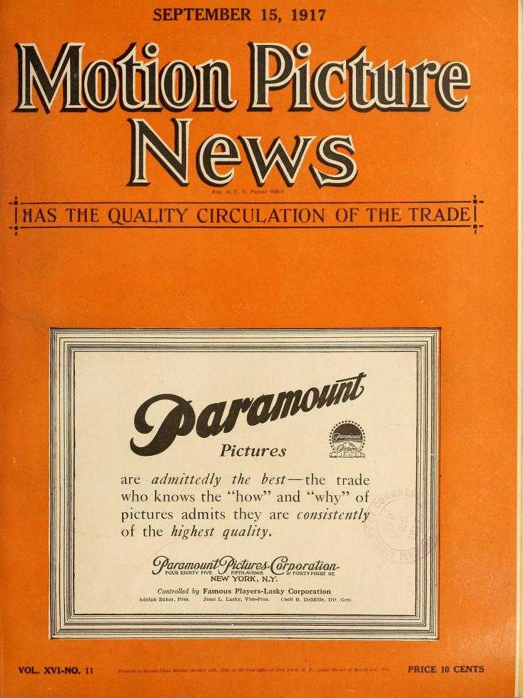 MOTION PICTURE NEWS magazine side cover 15 September 1917