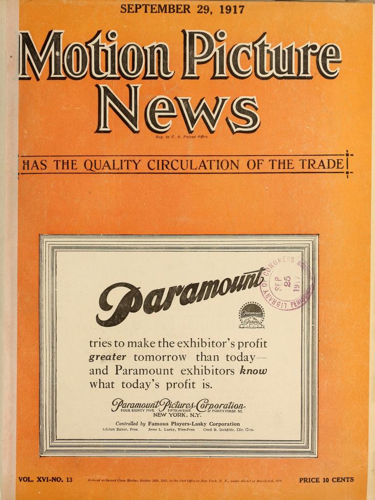 MOTION PICTURE NEWS magazine side cover 29 September 1917