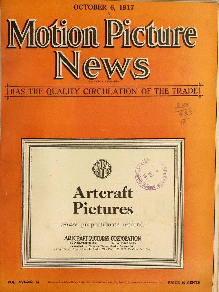 MOTION PICTURE NEWS magazine side cover 6 October 1917