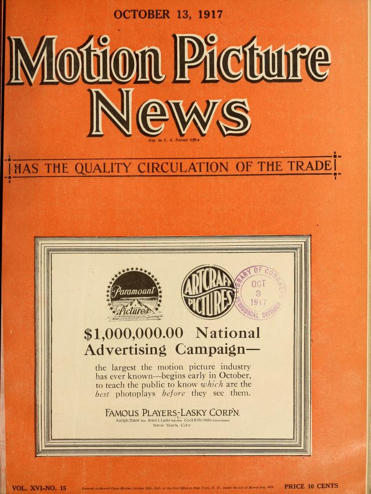 MOTION PICTURE NEWS magazine side cover 13 October 1917