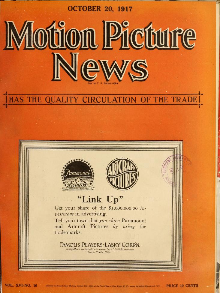 MOTION PICTURE NEWS magazine side cover 20 October 1917