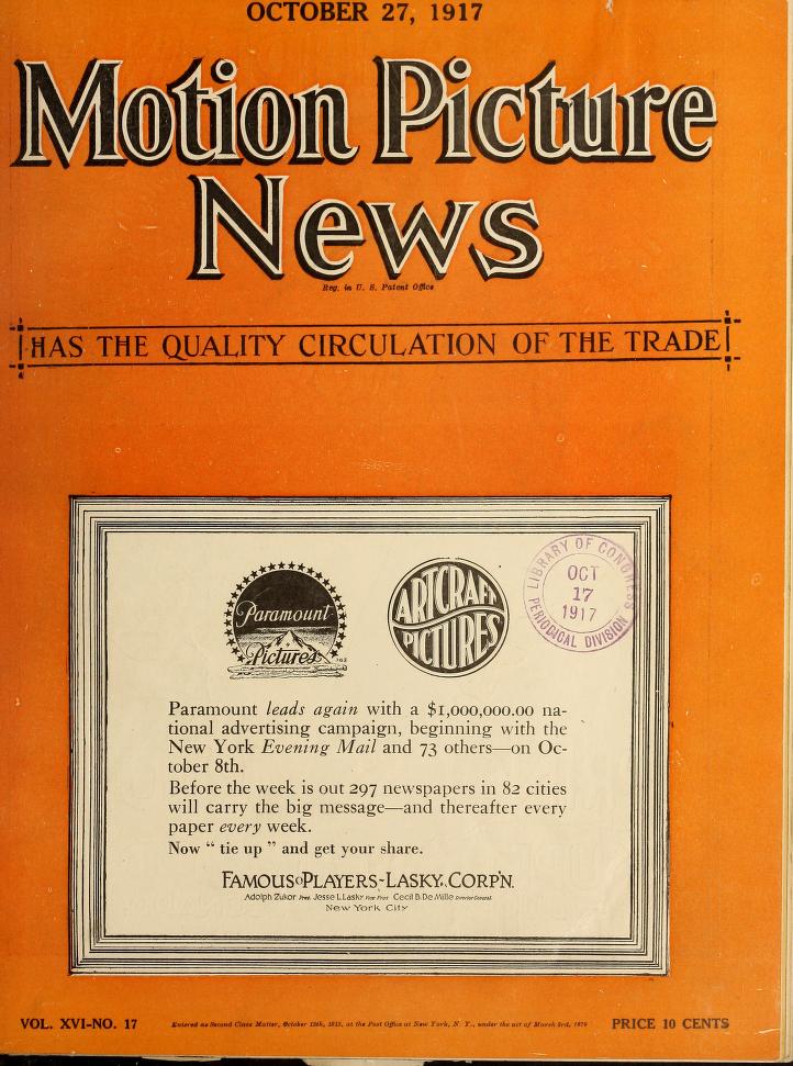 MOTION PICTURE NEWS magazine side cover 27 October 1917