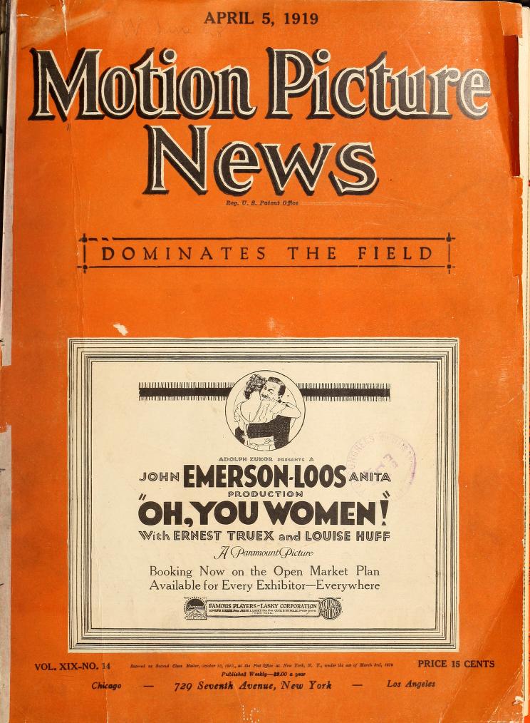 MOTION PICTURE NEWS magazine side cover 5 April 1919