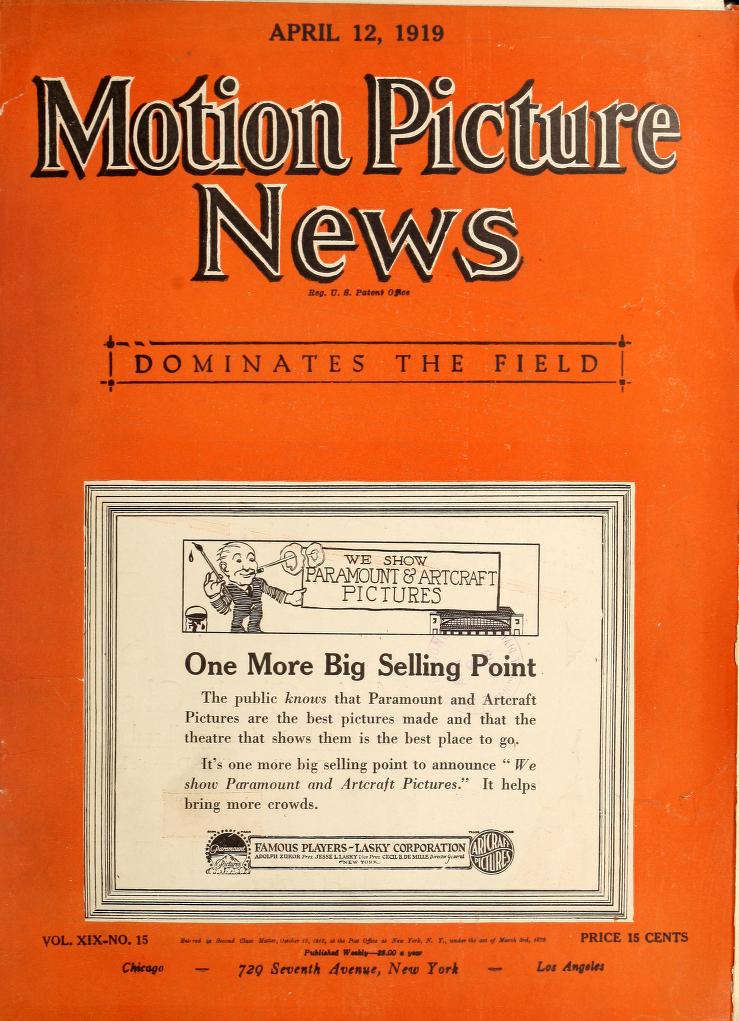 MOTION PICTURE NEWS magazine side cover 12 April 1919