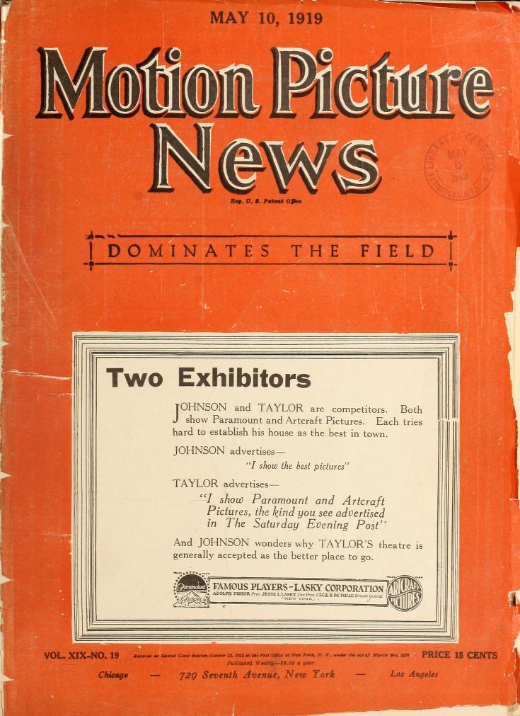 MOTION PICTURE NEWS magazine side cover 10 May 1919