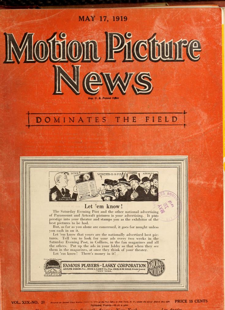 MOTION PICTURE NEWS magazine side cover 17 May 1919