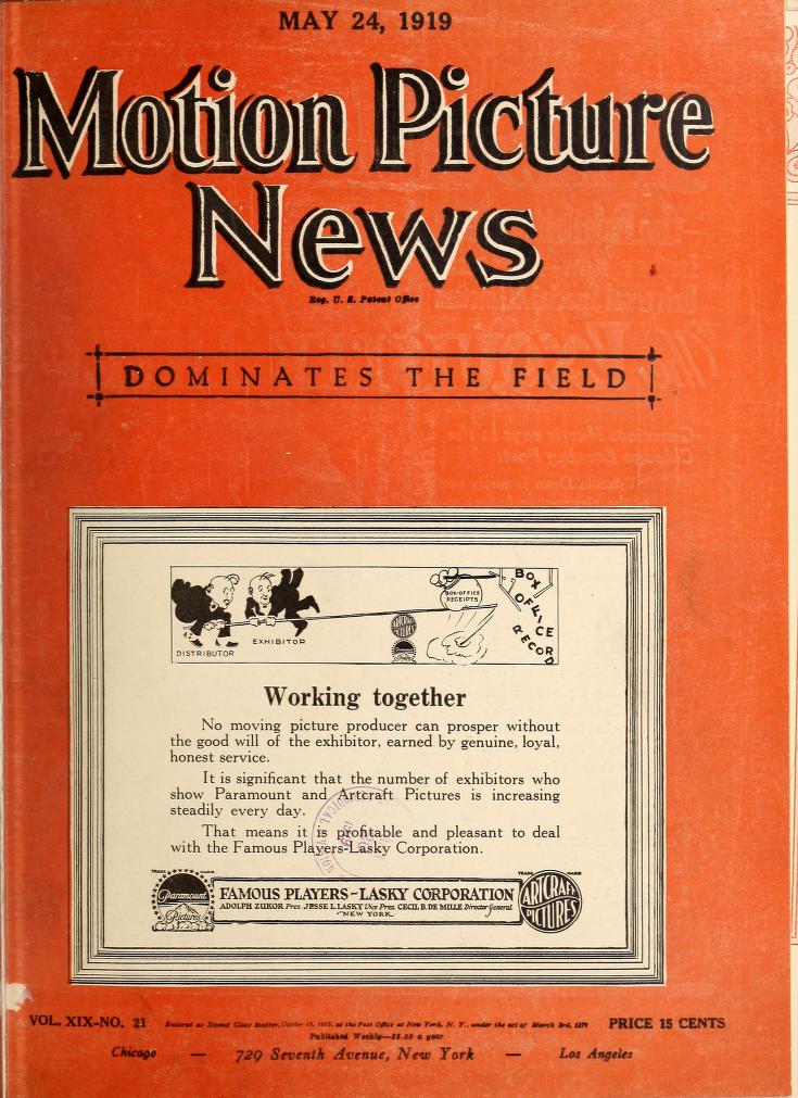 MOTION PICTURE NEWS magazine side cover 24 May 1919