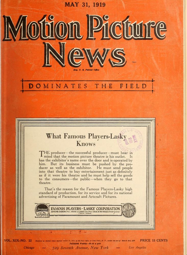 MOTION PICTURE NEWS magazine side cover 31 May 1919