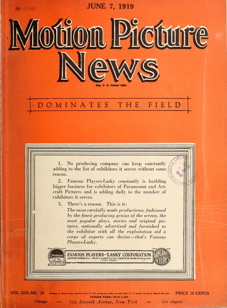 MOTION PICTURE NEWS magazine side cover 7 June 1919