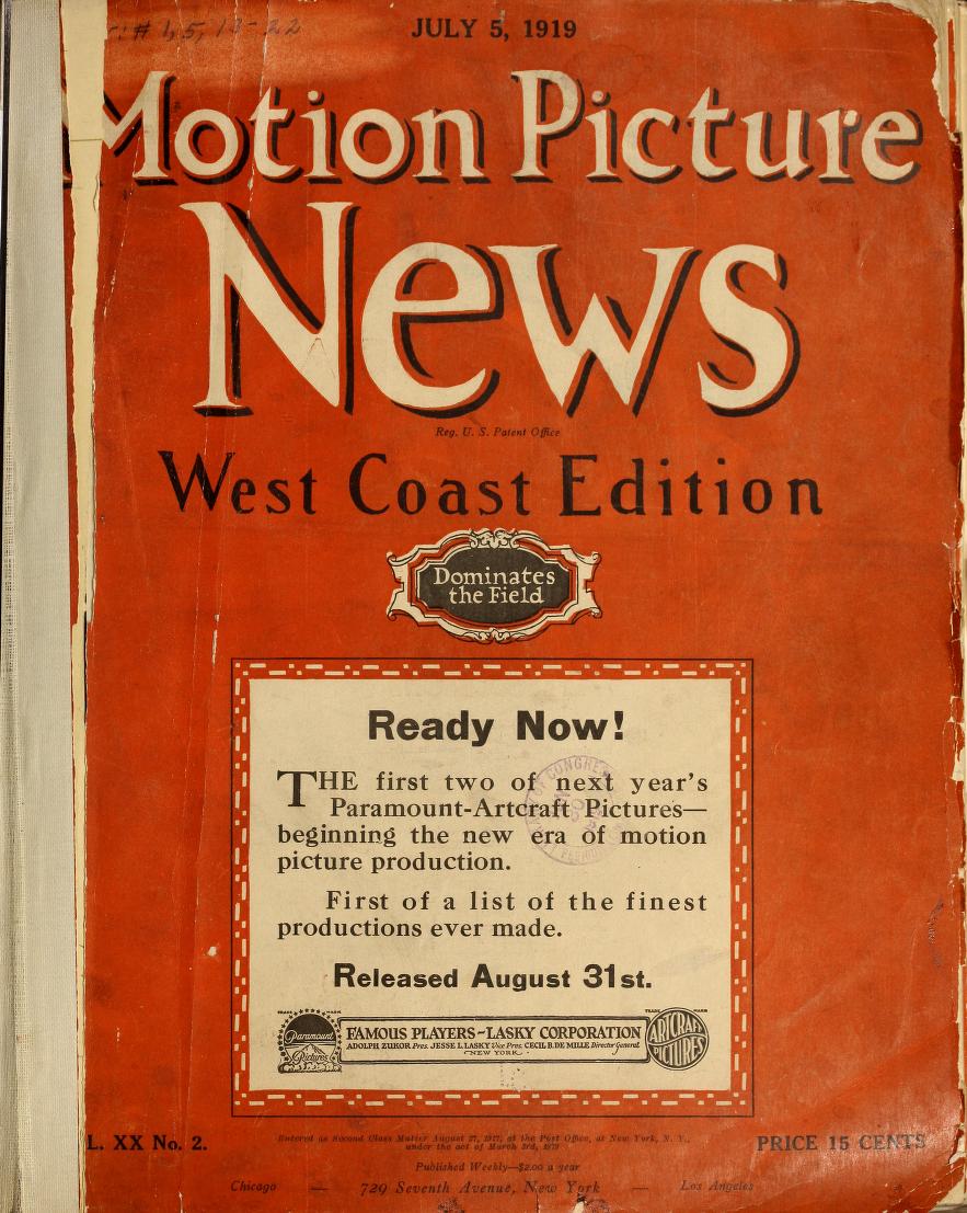 MOTION PICTURE NEWS magazine side cover 5 July 1919