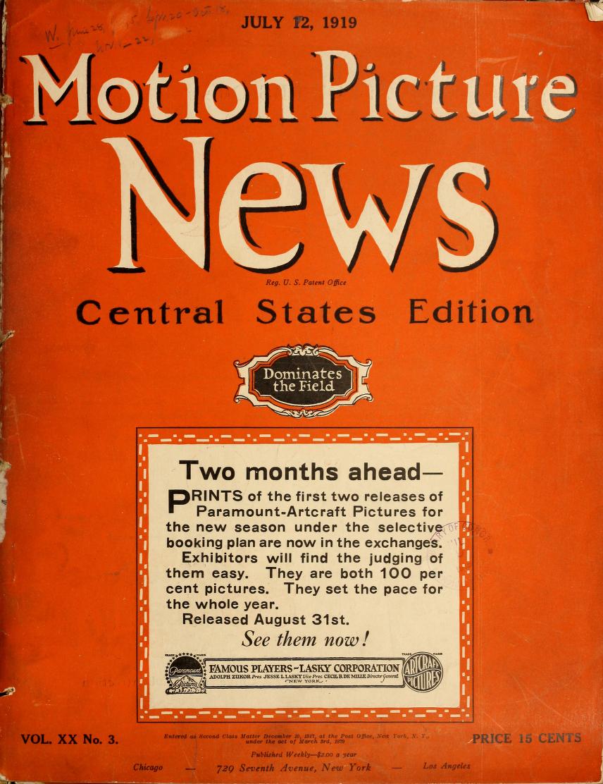 MOTION PICTURE NEWS magazine side cover 12 July 1919