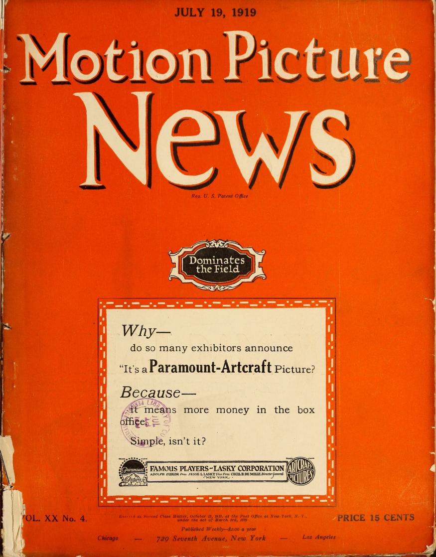 MOTION PICTURE NEWS magazine side cover 19 July 1919