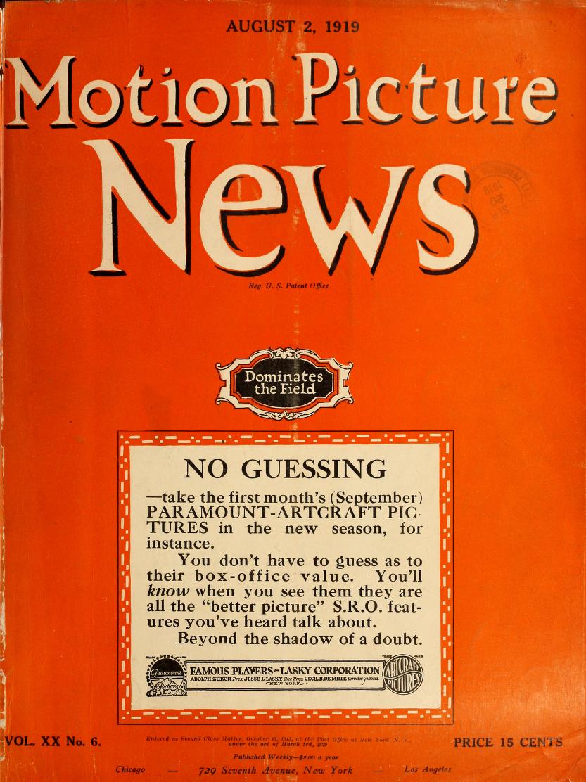 MOTION PICTURE NEWS magazine side cover 2 August 1919