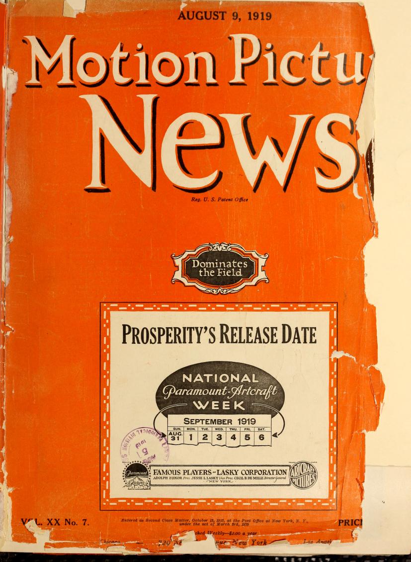 MOTION PICTURE NEWS magazine side cover 9 August 1919