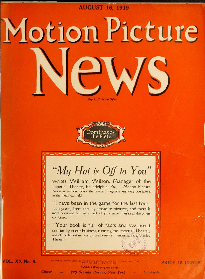 MOTION PICTURE NEWS magazine side cover 16 August 1919
