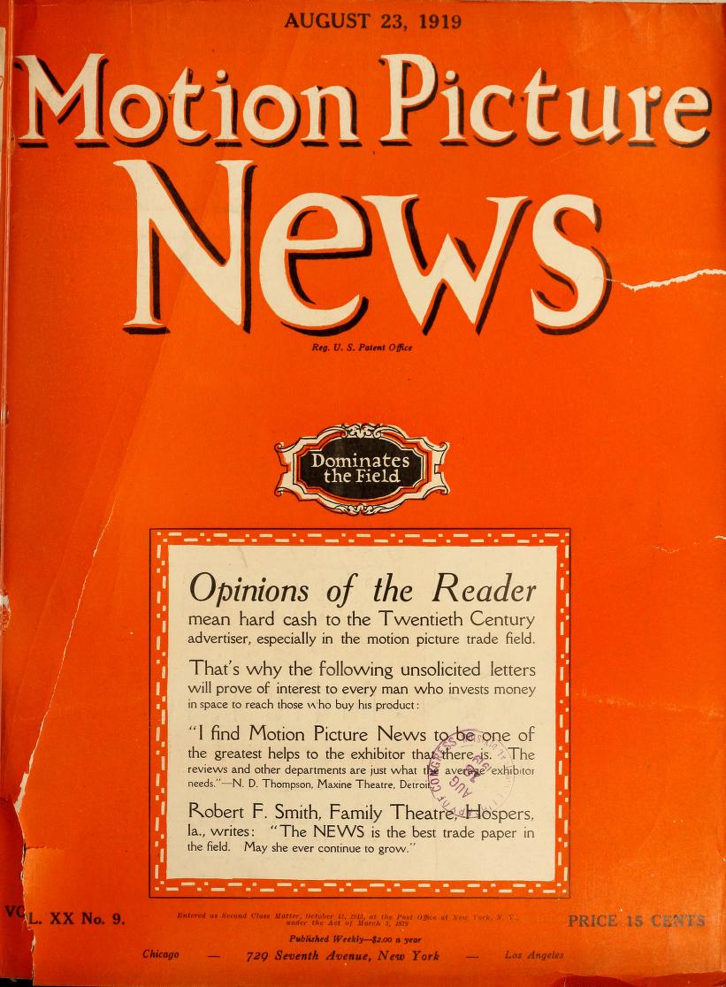 MOTION PICTURE NEWS magazine side cover 23 August 1919