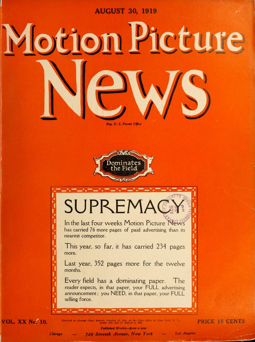 MOTION PICTURE NEWS magazine side cover 30 August 1919