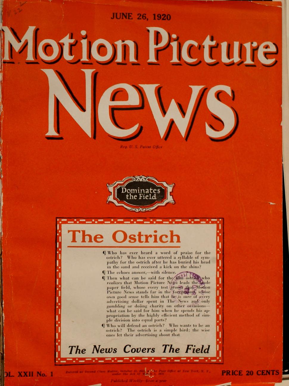 MOTION PICTURE NEWS magazine side cover 26 June 1920