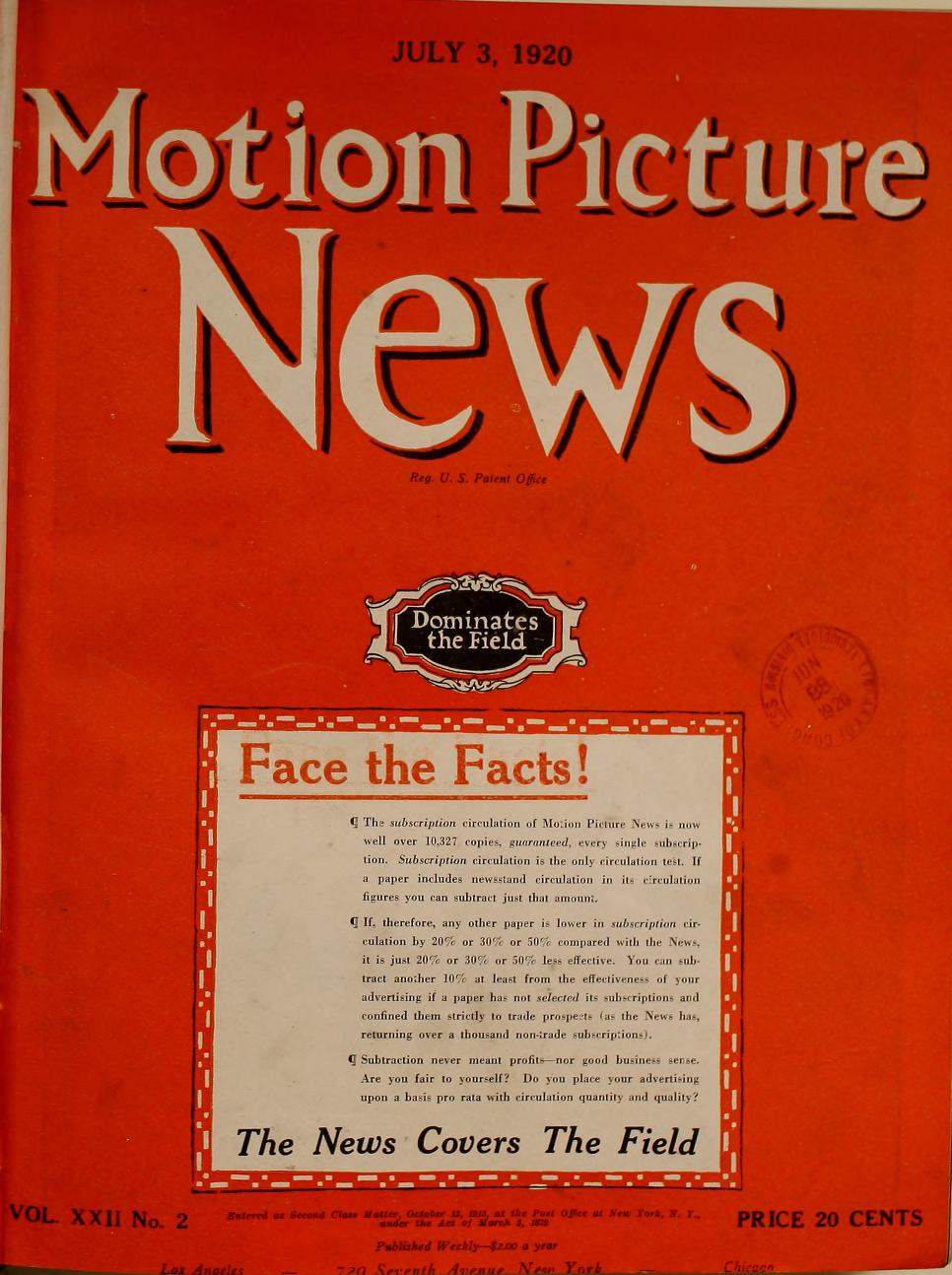 MOTION PICTURE NEWS magazine side cover 3 July 1920