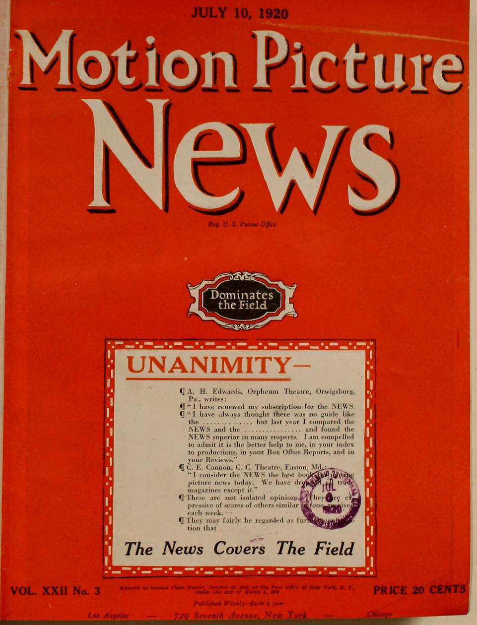 MOTION PICTURE NEWS magazine side cover 10 July 1920