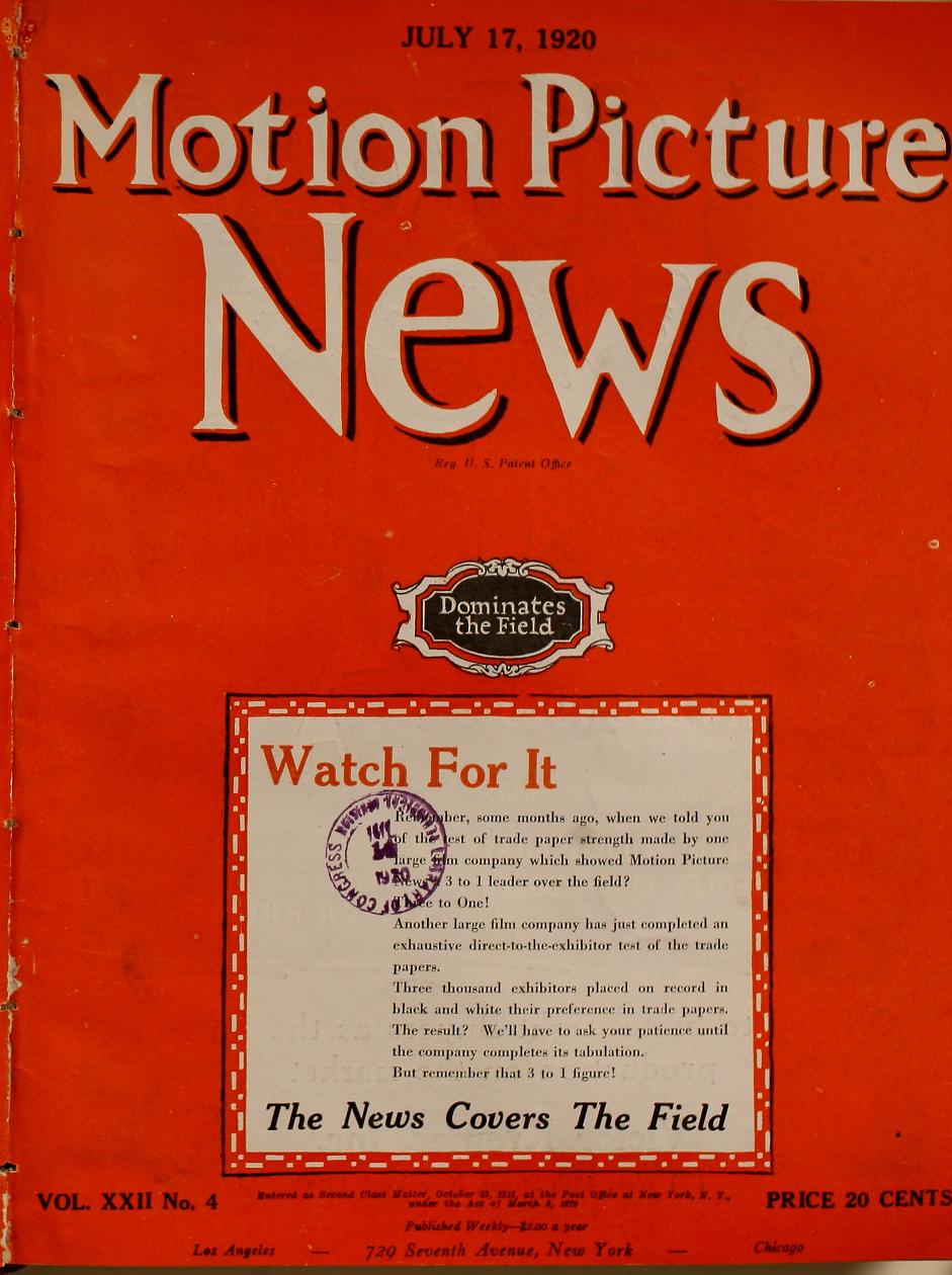 MOTION PICTURE NEWS magazine side cover 17 July 1920