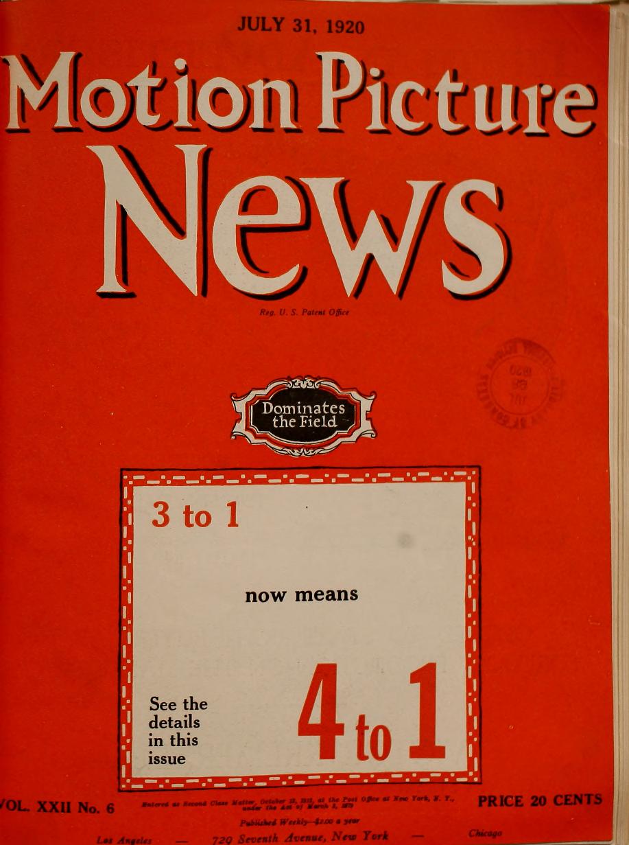 MOTION PICTURE NEWS magazine side cover 31 July 1920