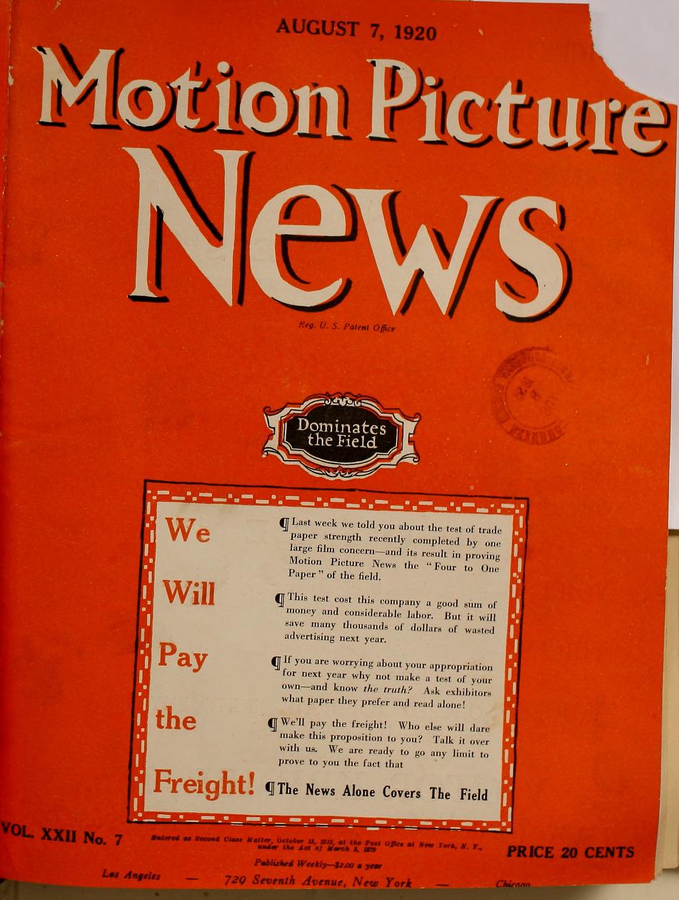 MOTION PICTURE NEWS magazine side cover 7 August 1920