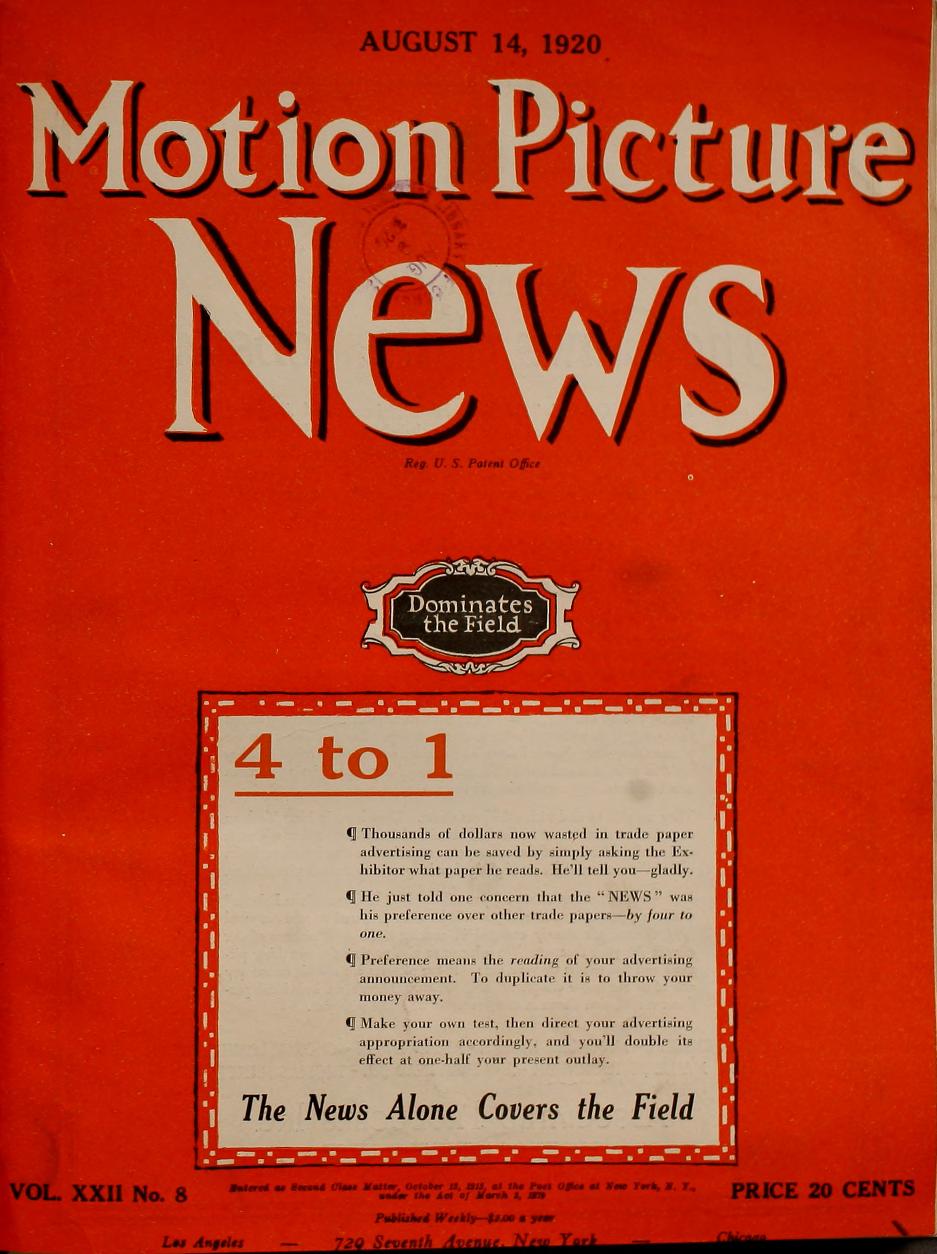 MOTION PICTURE NEWS magazine side cover 14 August 1920