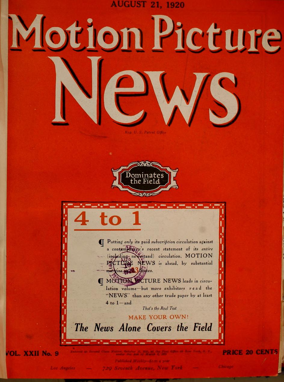 MOTION PICTURE NEWS magazine side cover 21 August 1920
