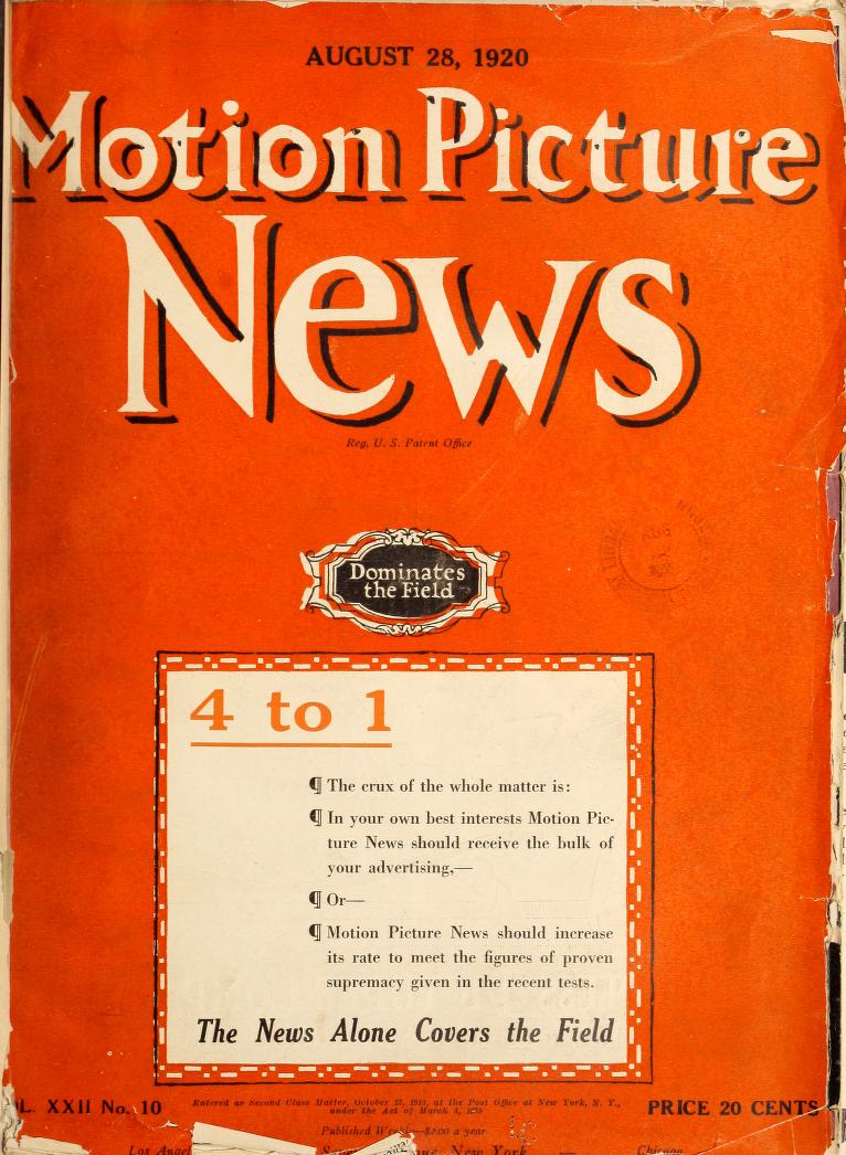 MOTION PICTURE NEWS magazine side cover 28 August 1920