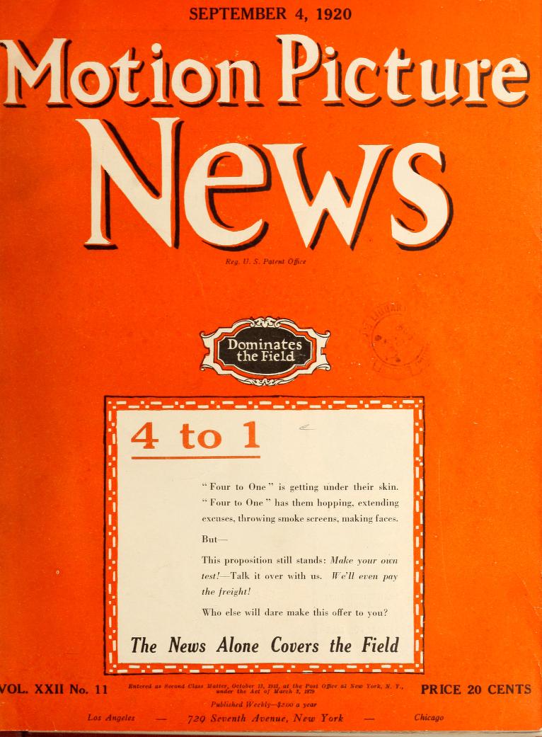 MOTION PICTURE NEWS magazine side cover 4 September 1920