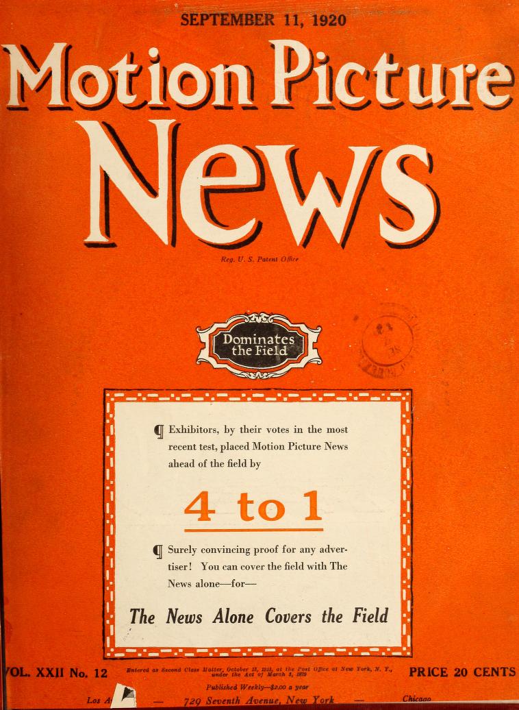 MOTION PICTURE NEWS magazine side cover 11 September 1920