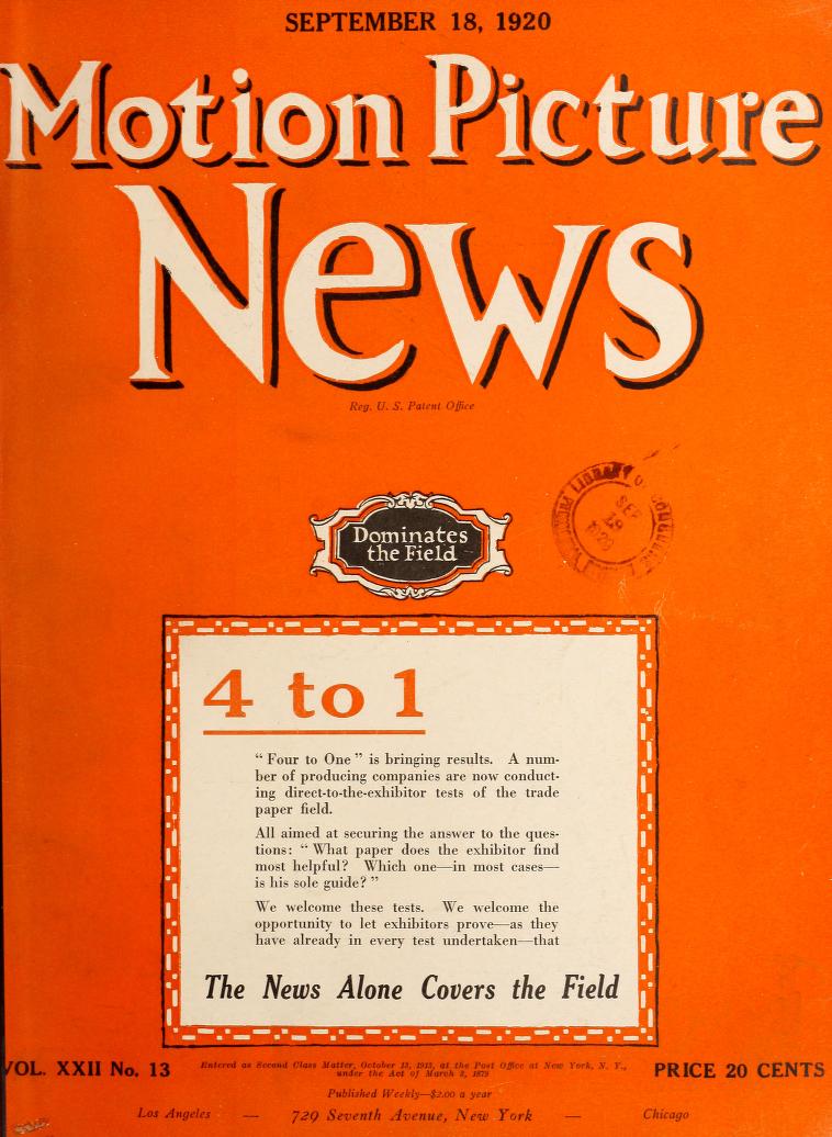 MOTION PICTURE NEWS magazine side cover 18 September 1920
