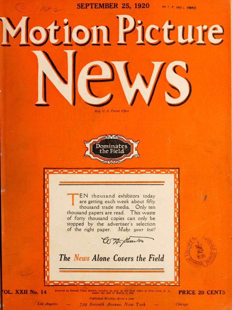 MOTION PICTURE NEWS magazine side cover 25 September 1920