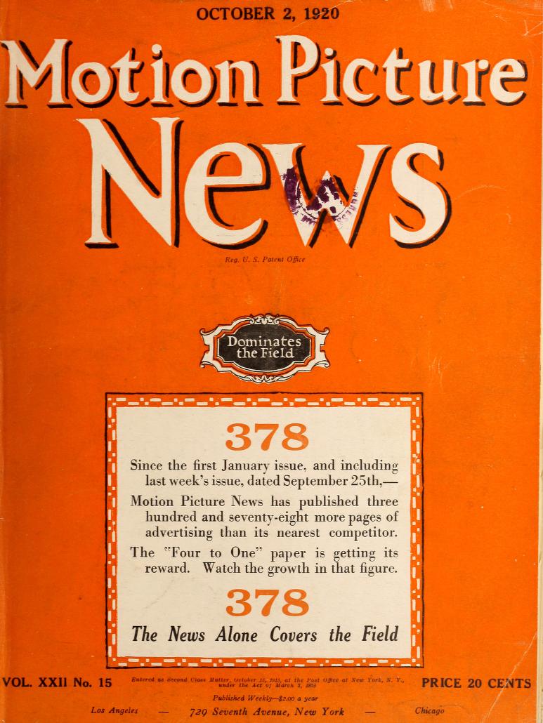 MOTION PICTURE NEWS magazine side cover 2 October 1920