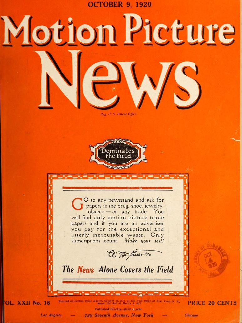 MOTION PICTURE NEWS magazine side cover 9 October 1920