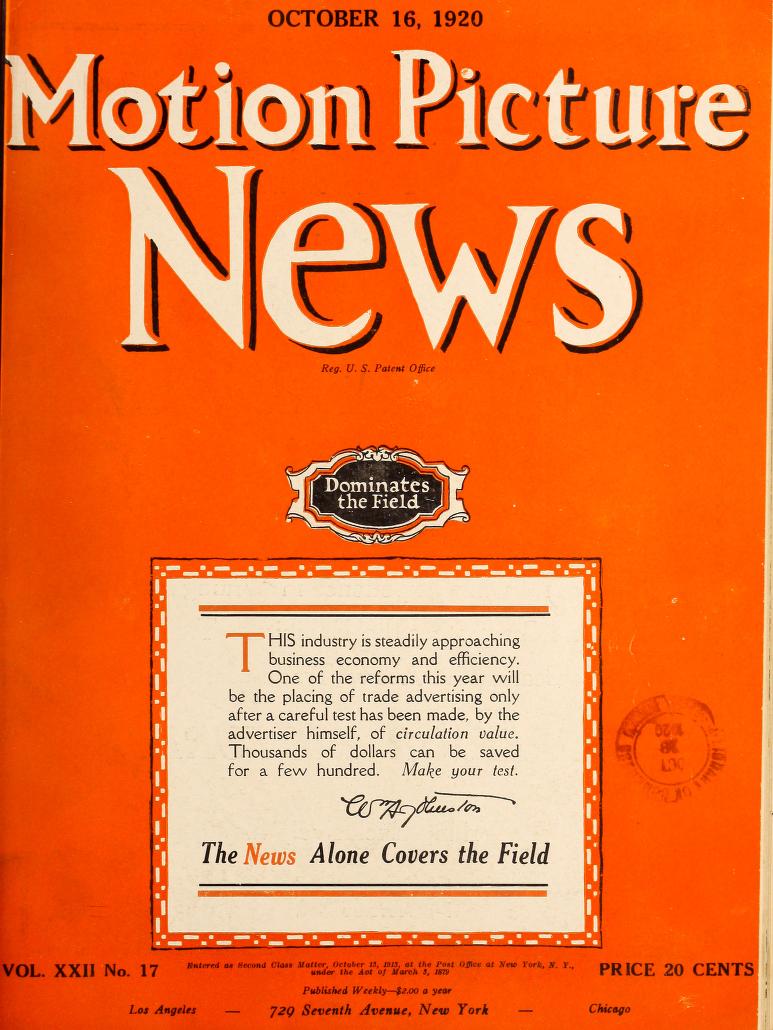 MOTION PICTURE NEWS magazine side cover 16 October 1920