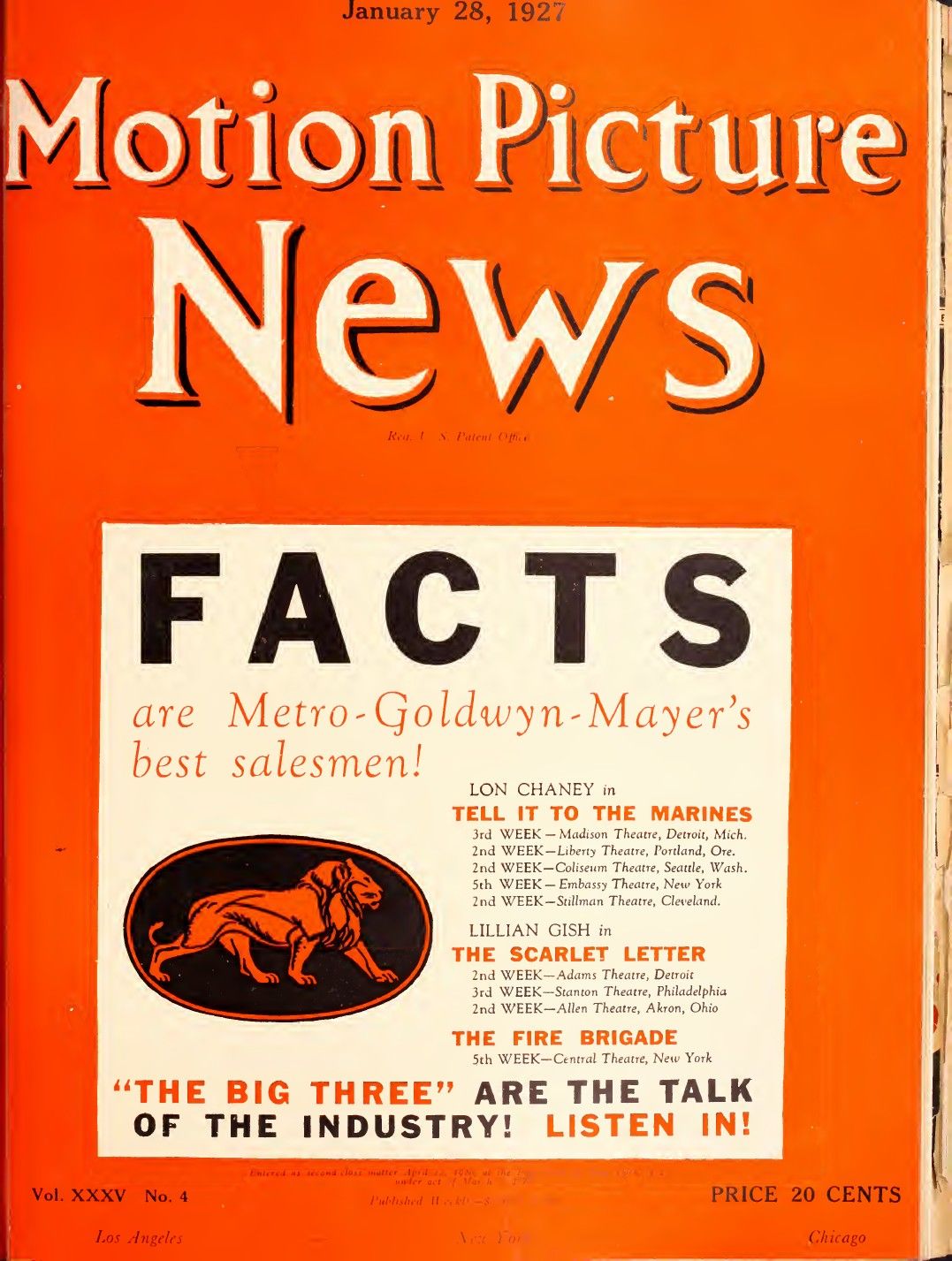 MOTION PICTURE NEWS magazine side cover 28 January 1927