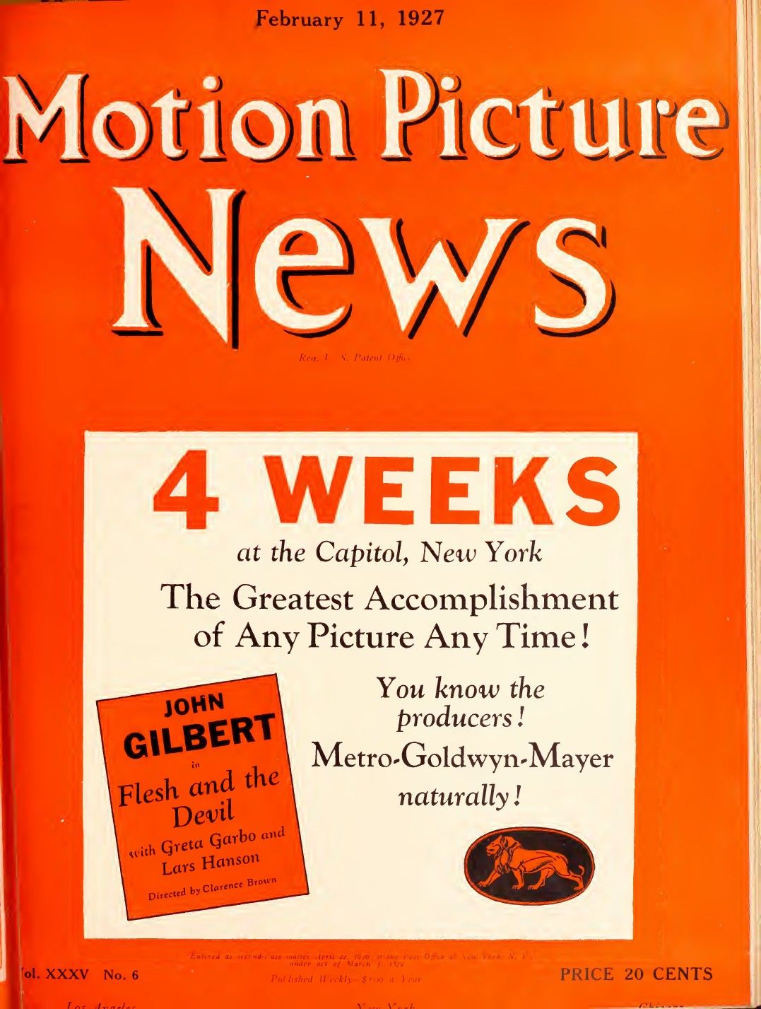 MOTION PICTURE NEWS magazine side cover 11 February 1927